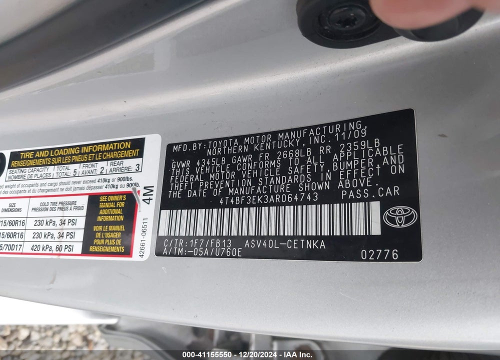 2010 TOYOTA CAMRY LE VIN: 4T4BF3EK3AR064743