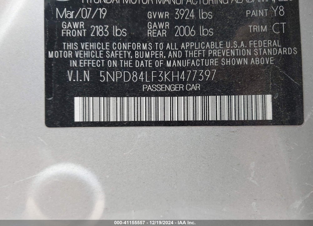 2019 HYUNDAI ELANTRA VALUE EDITION VIN: 5NPD84LF3KH477397