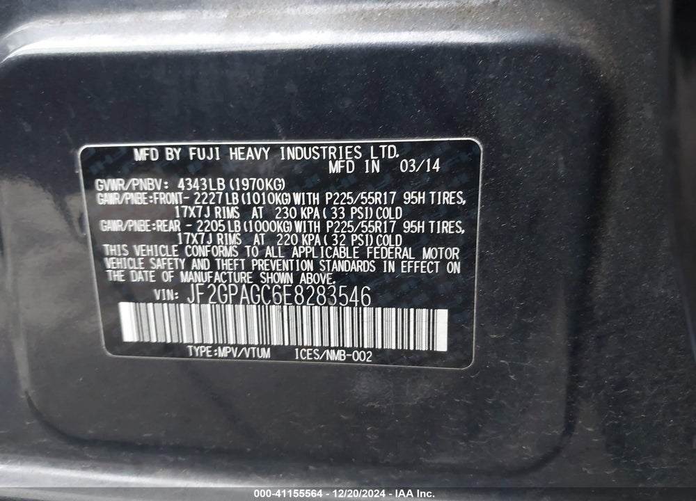 2014 SUBARU XV CROSSTREK 2.0I LIMITED VIN: JF2GPAGC6E8283546