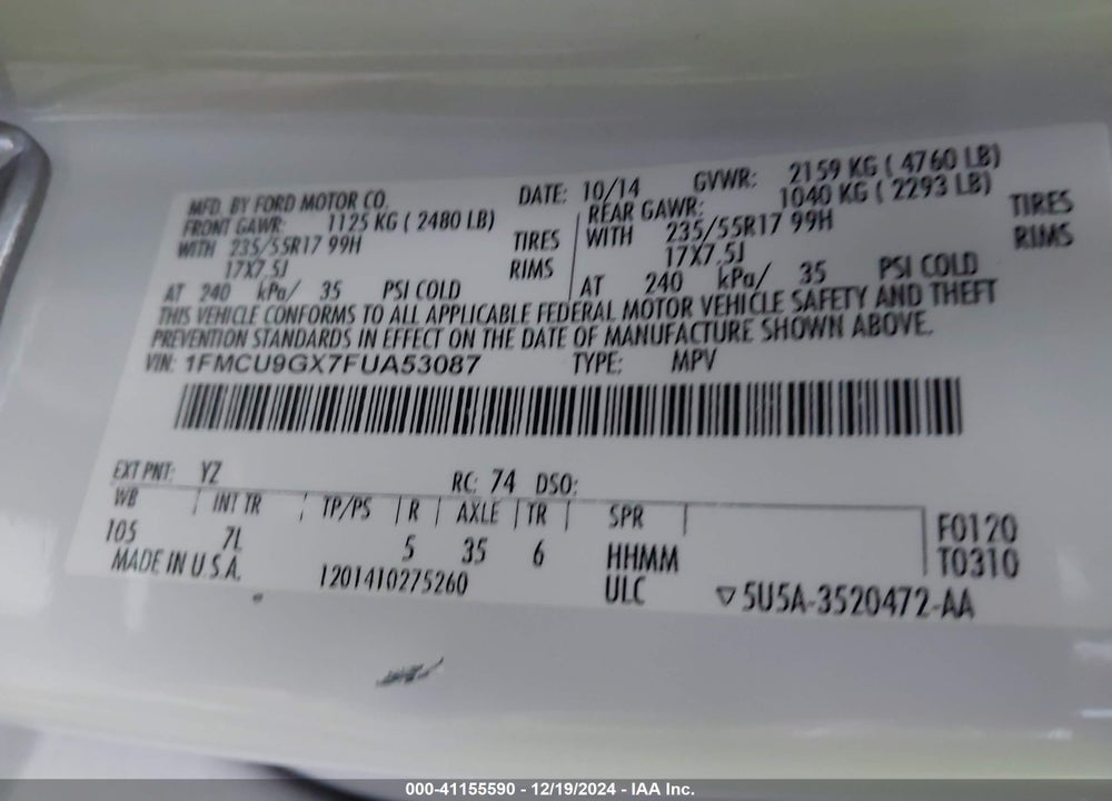 2015 FORD ESCAPE SE VIN: 1FMCU9GX7FUA53087