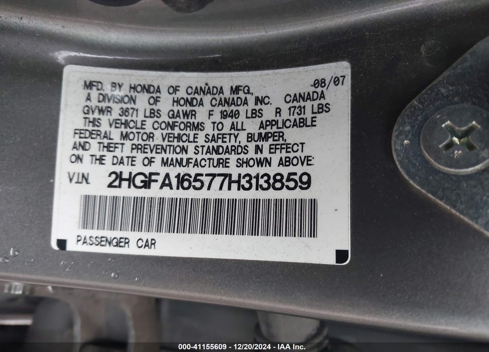 2007 HONDA CIVIC LX VIN: 2HGFA16577H313859