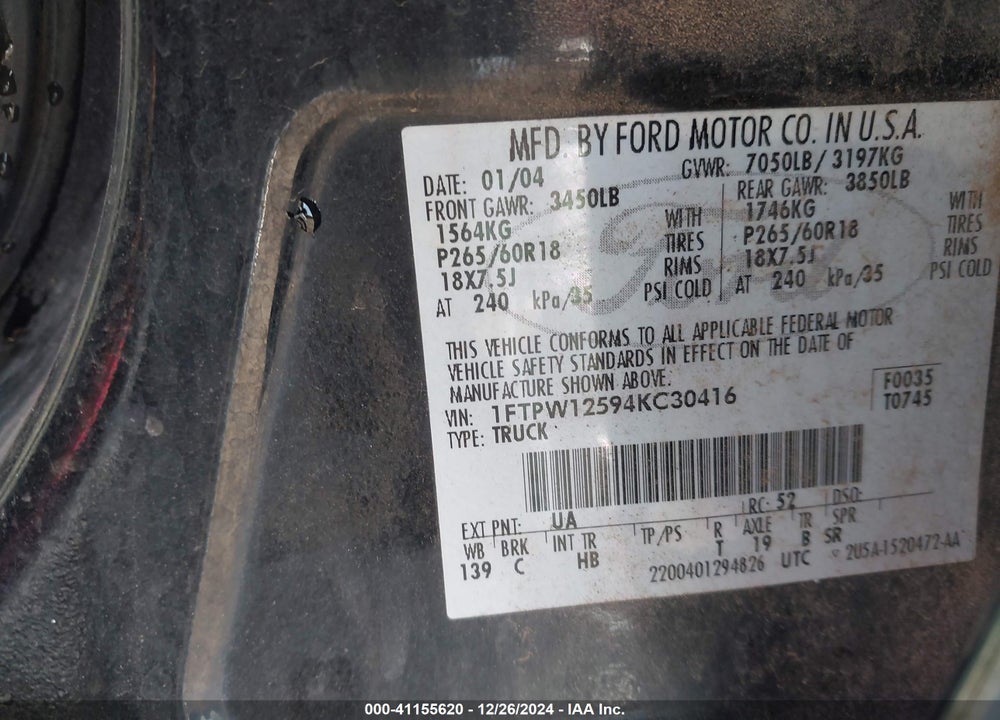 2004 FORD F-150 LARIAT/XLT VIN: 1FTPW12594KC30416