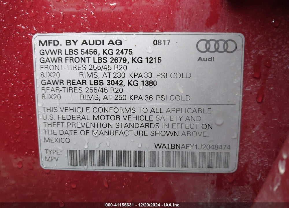 2018 AUDI Q5 2.0T PREMIUM/2.0T TECH PREMIUM VIN: WA1BNAFY1J2048474