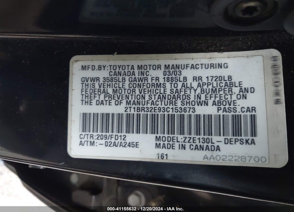 2003 TOYOTA COROLLA S VIN: 2T1BR32E93C153673