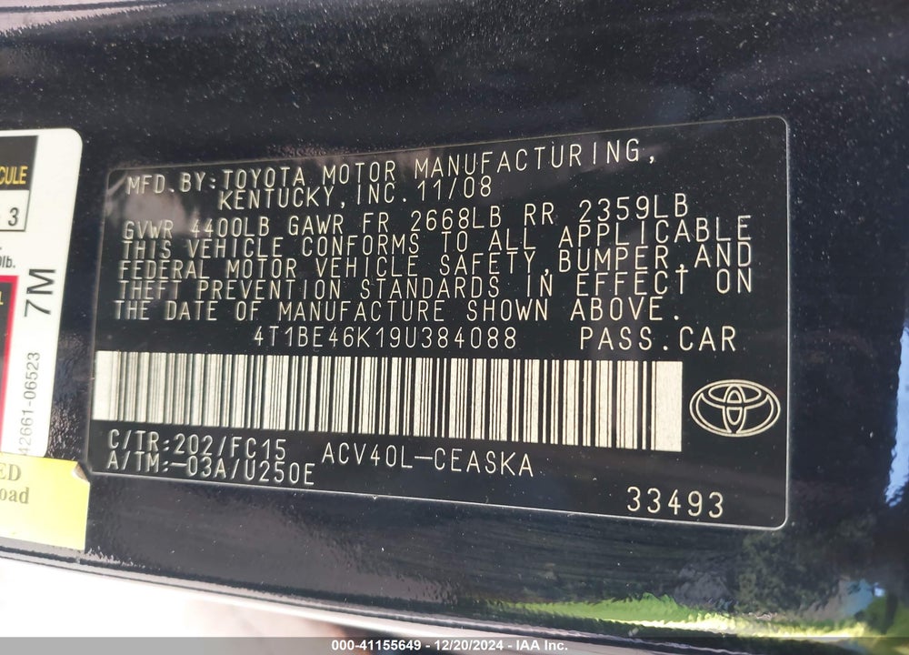 2009 TOYOTA CAMRY SE VIN: 4T1BE46K19U384088