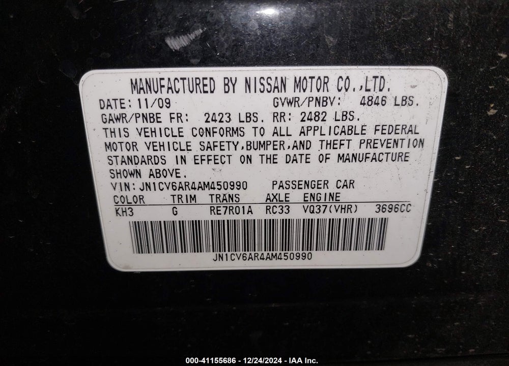 2010 INFINITI G37X VIN: JN1CV6AR4AM450990
