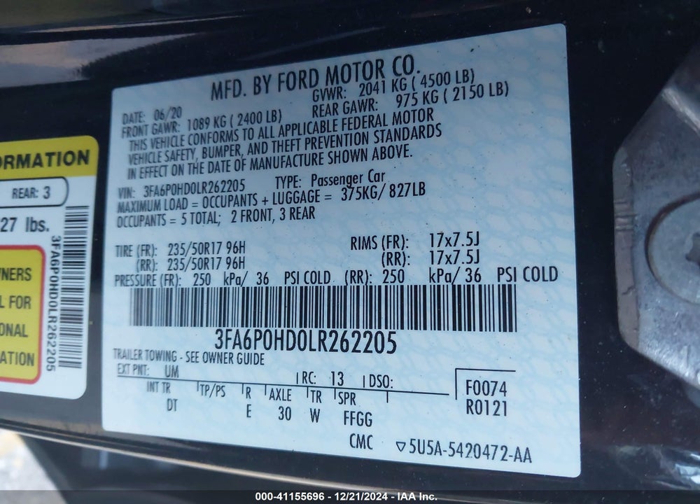 2020 FORD FUSION VIN: 3FA6P0HD0LR262205