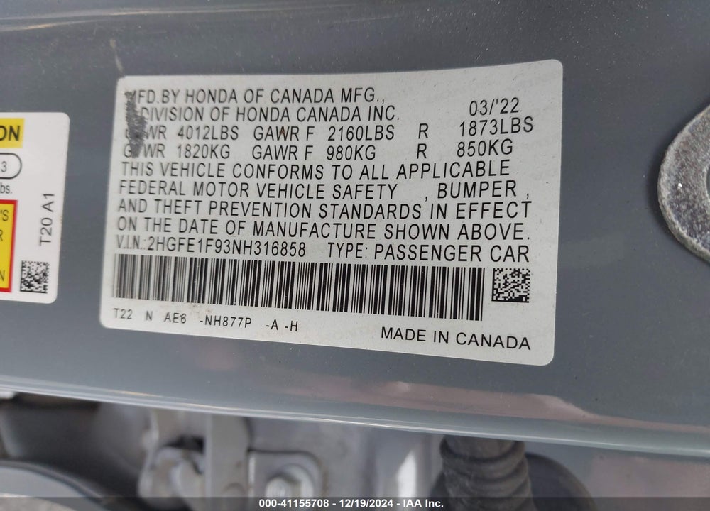 2022 HONDA CIVIC TOURING VIN: 2HGFE1F93NH316858