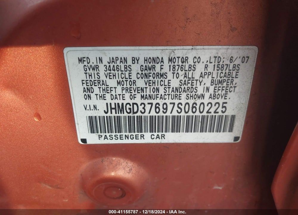2007 HONDA FIT SPORT VIN: JHMGD37697S060225