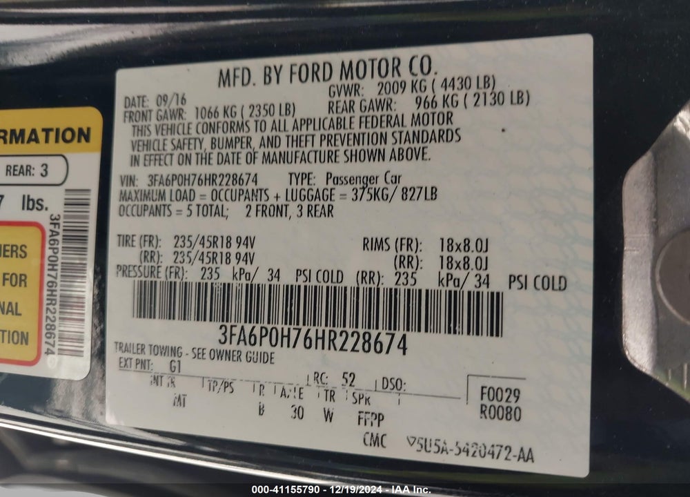 2017 FORD FUSION SE VIN: 3FA6P0H76HR228674