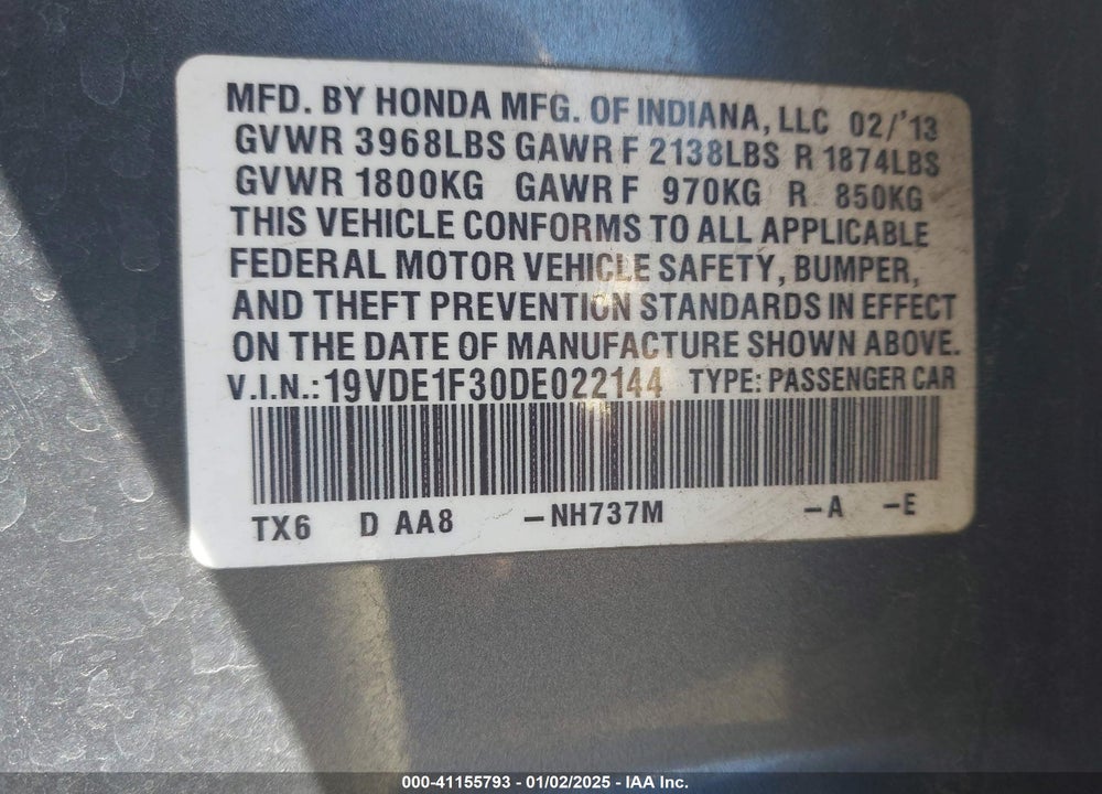 2013 ACURA ILX 2.0L VIN: 19VDE1F30DE022144