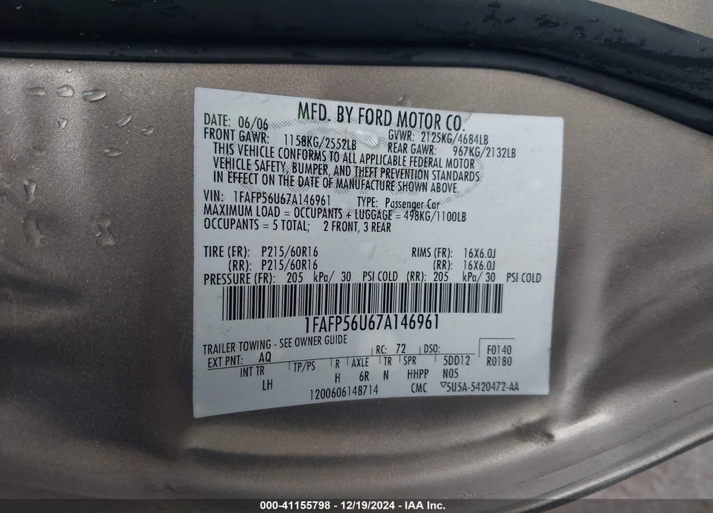 2007 FORD TAURUS SEL VIN: 1FAFP56U67A146961