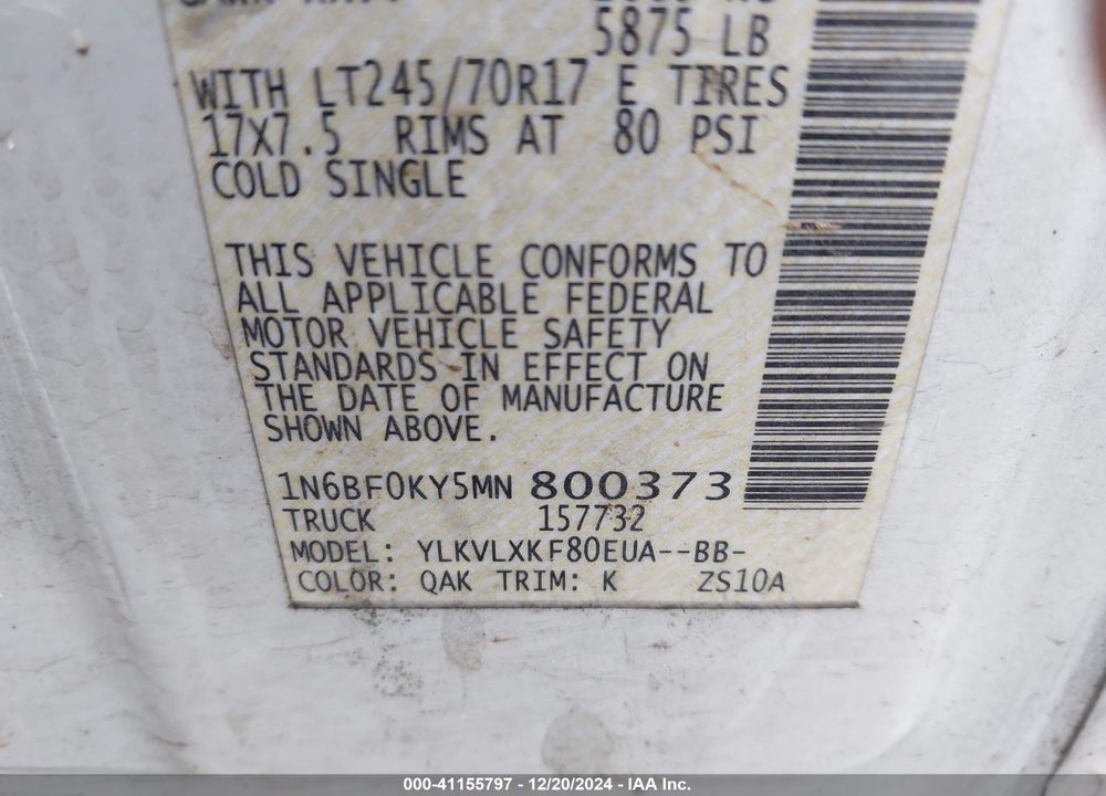 2021 NISSAN NV CARGO NV2500 HD SV STANDARD ROOF V6 VIN: 1N6BF0KY5MN800373