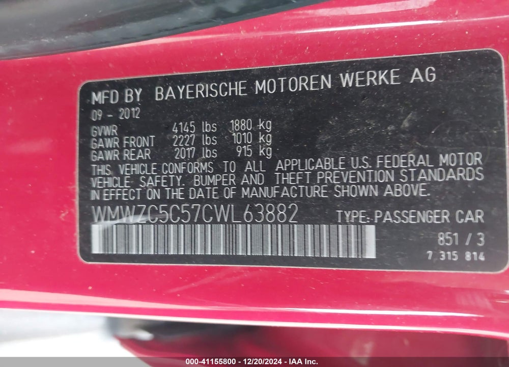 2012 MINI COOPER S COUNTRYMAN VIN: WMWZC5C57CWL63882
