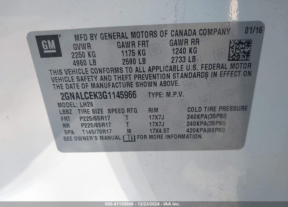 2016 CHEVROLET EQUINOX LT VIN: 2GNALCEK3G1145966