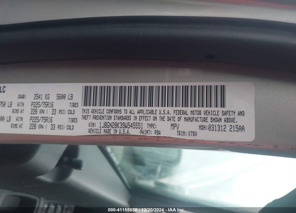 2009 JEEP LIBERTY SPORT VIN: 1J8GN28K39W545551