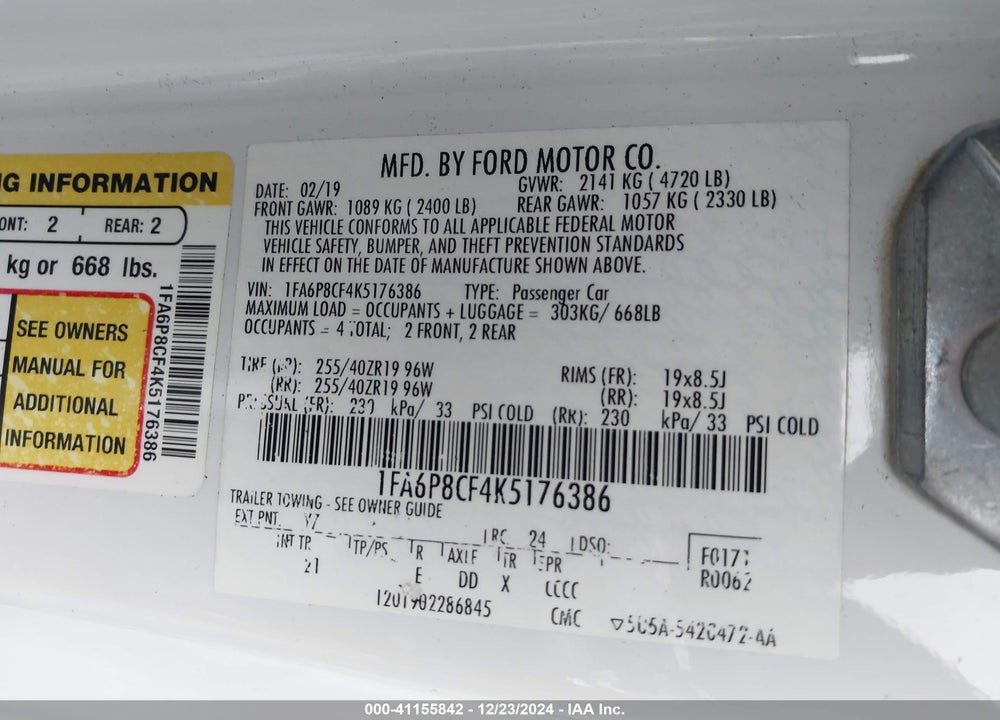 2019 FORD MUSTANG GT VIN: 1FA6P8CF4K5176386