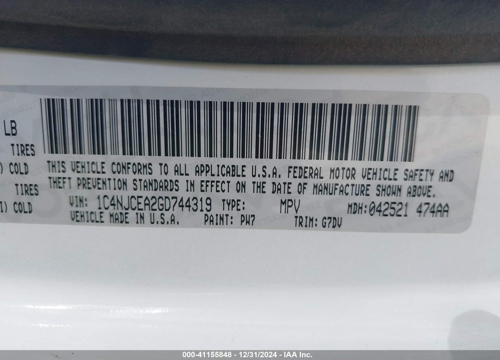 2016 JEEP COMPASS LATITUDE VIN: 1C4NJCEA2GD744319