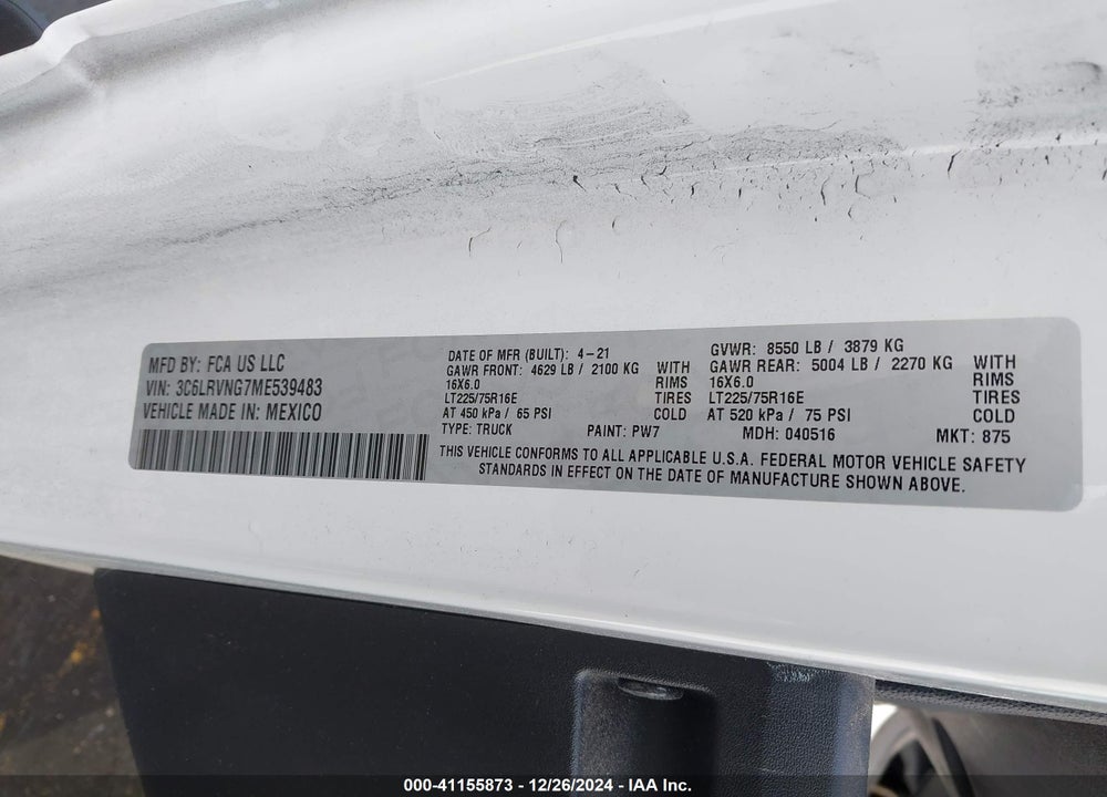 2021 RAM PROMASTER 1500 VIN: 3C6LRVNG7ME539483
