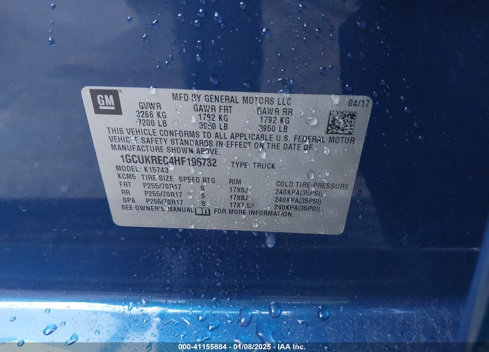 2017 CHEVROLET SILVERADO 1500 VIN: 1GCUKREC4HF196732