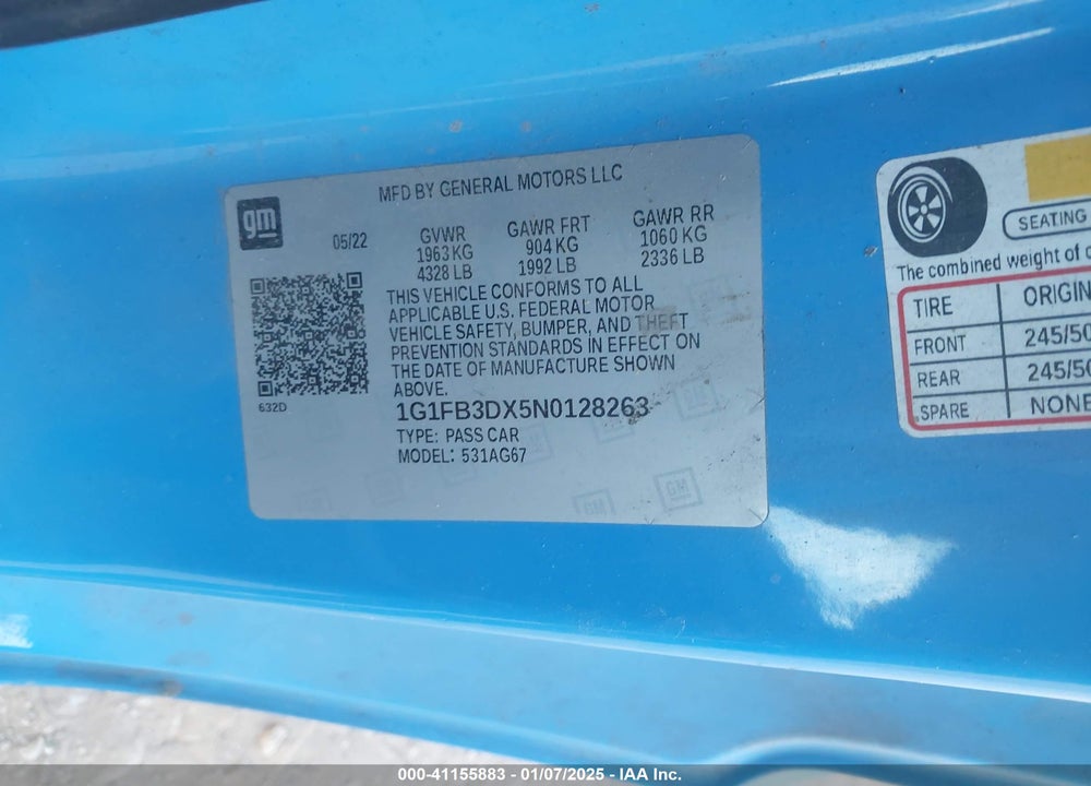 2022 CHEVROLET CAMARO RWD 1LT VIN: 1G1FB3DX5N0128263