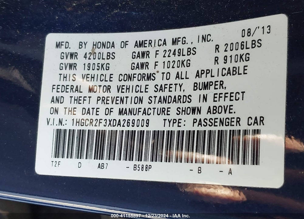 2013 HONDA ACCORD LX VIN: 1HGCR2F3XDA269009