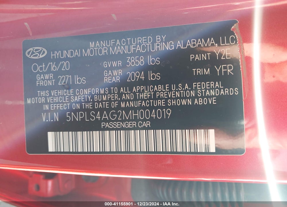 2021 HYUNDAI ELANTRA VIN: 5NPLS4AG2MH004019