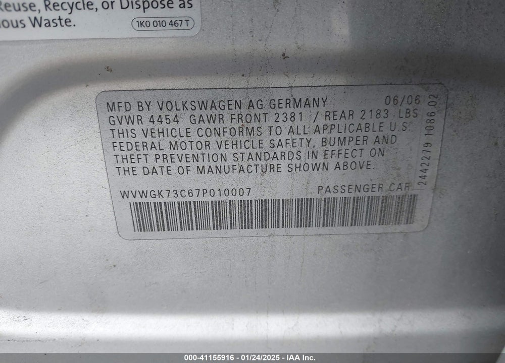 2007 VOLKSWAGEN PASSAT VIN: WVWGK73C67P010007