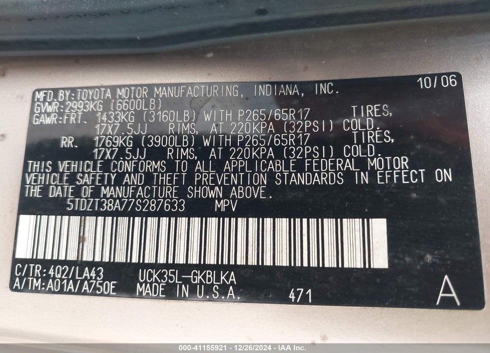 2007 TOYOTA SEQUOIA VIN: 5TDZT38A77S287633