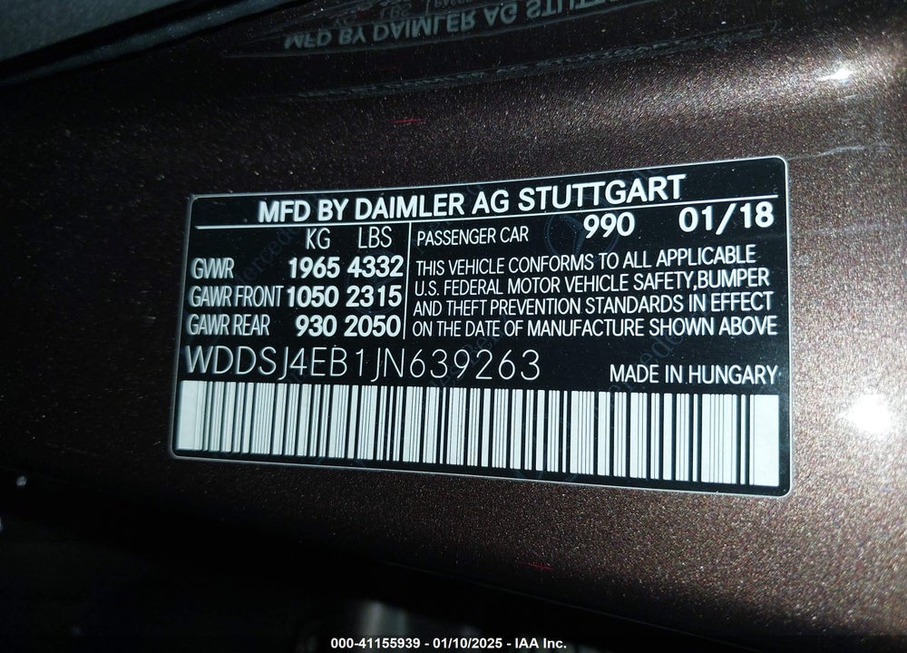 2018 MERCEDES-BENZ CLA VIN: WDDSJ4EB1JN639263