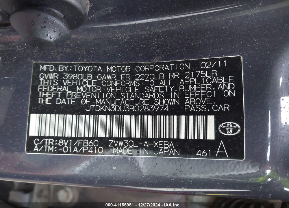 2011 TOYOTA PRIUS TWO VIN: JTDKN3DU3B0283974