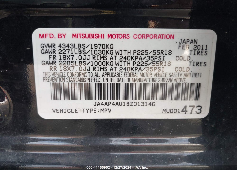 2011 MITSUBISHI OUTLANDER SPORT SE VIN: JA4AP4AU1BZ013146