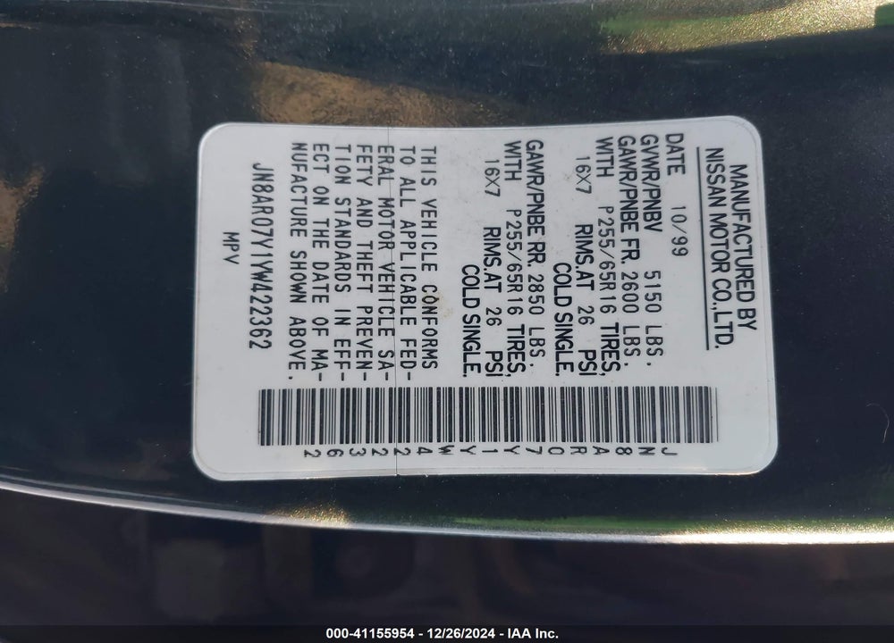 2000 NISSAN PATHFINDER LE/SE/XE VIN: JN8AR07Y1YW422362