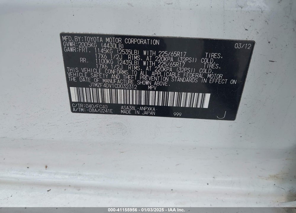 2012 TOYOTA RAV4 VIN: JTMZF4DV1CD032312
