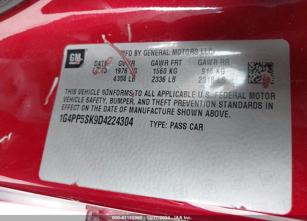 2013 BUICK VERANO VIN: 1G4PP5SK9D4224304