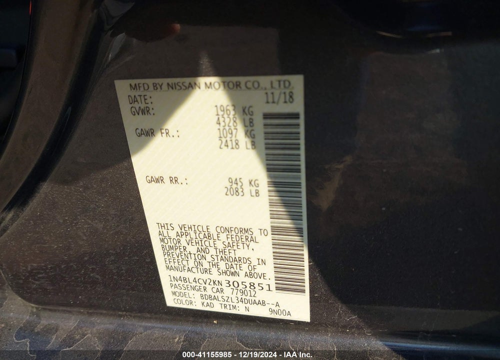 2019 NISSAN ALTIMA VIN: 1N4BL4CV2KN305851