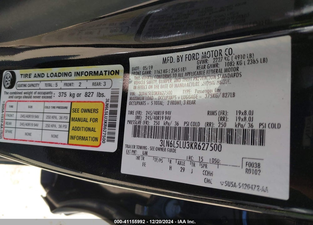2019 LINCOLN MKZ VIN: 3LN6L5LU3KR627500