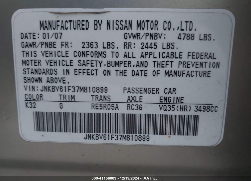 2007 INFINITI G35X VIN: JNKBV61F37M810899