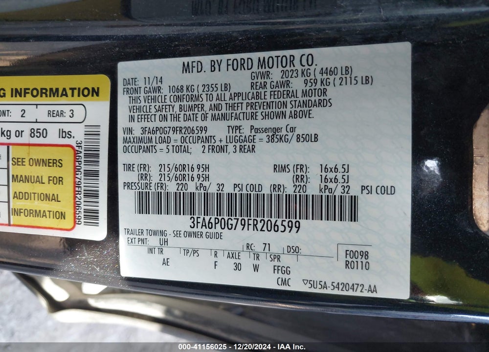 2015 FORD FUSION VIN: 3FA6P0G79FR206599