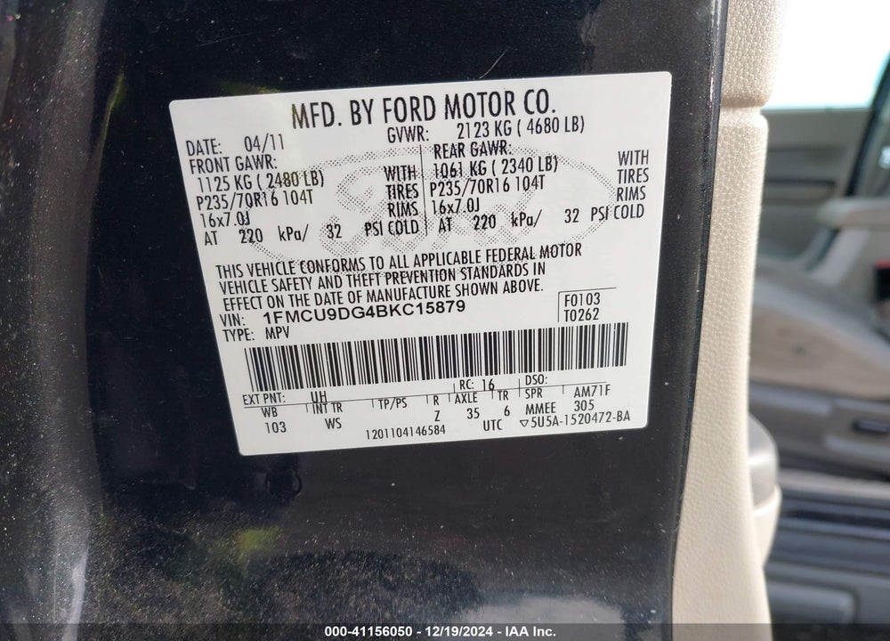2011 FORD ESCAPE XLT VIN: 1FMCU9DG4BKC15879