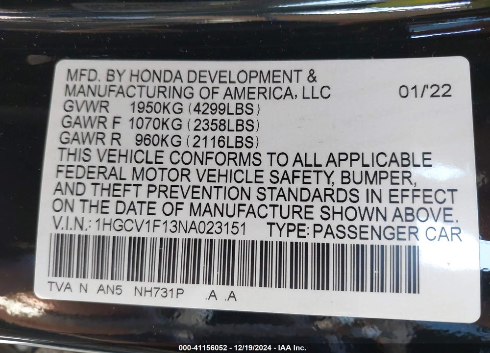 2022 HONDA ACCORD VIN: 1HGCV1F13NA023151