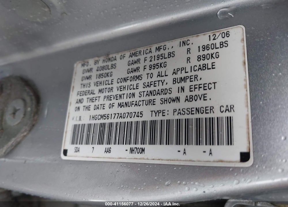2007 HONDA ACCORD 2.4 VP VIN: 1HGCM56177A070745