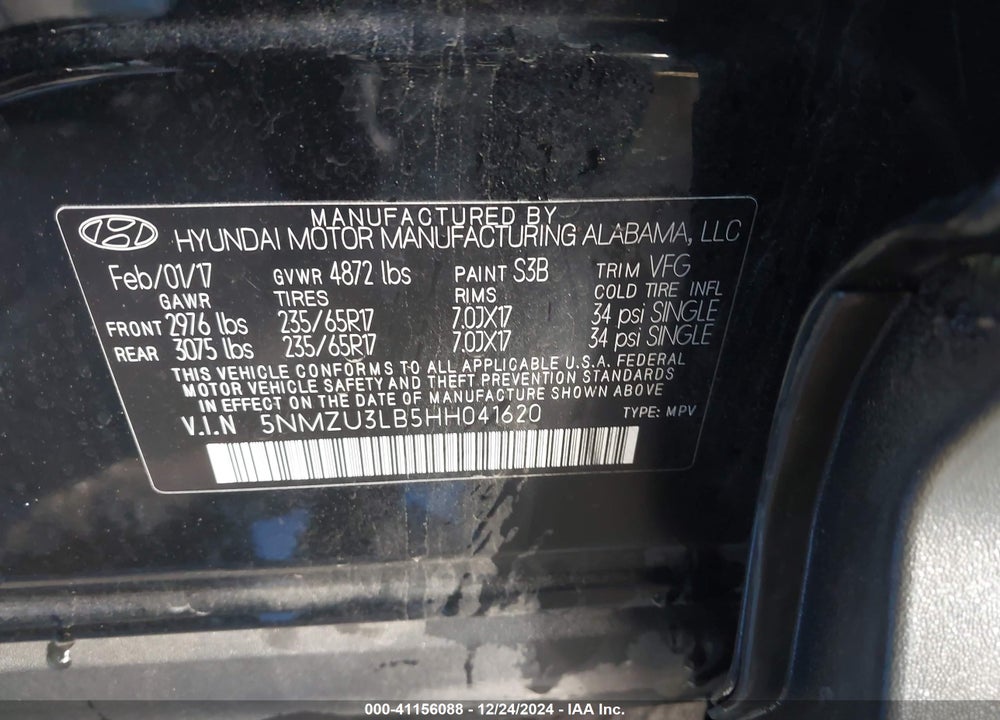 2017 HYUNDAI SANTA FE SPORT 2.4L VIN: 5NMZU3LB5HH041620