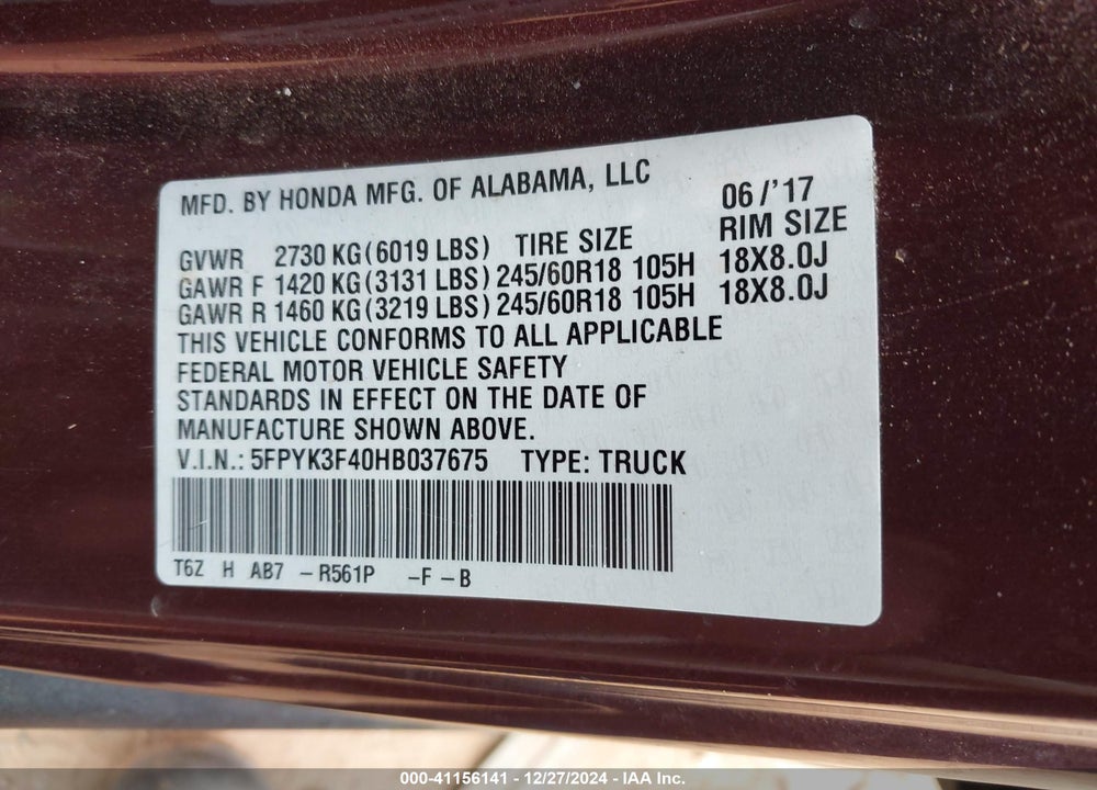 2017 HONDA RIDGELINE RTS VIN: 5FPYK3F40HB037675