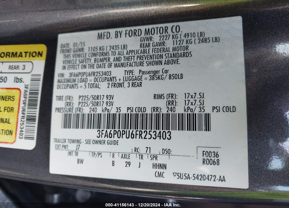 2015 FORD FUSION ENERGI SE LUXURY VIN: 3FA6P0PU6FR253403