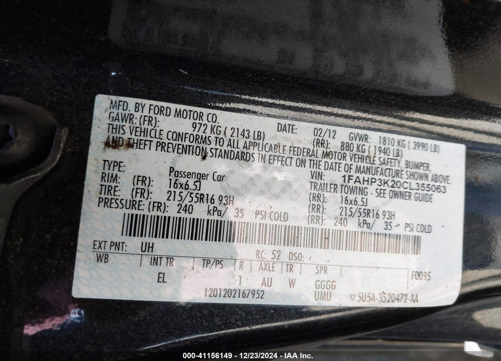 2012 FORD FOCUS SE VIN: 1FAHP3K20CL355063