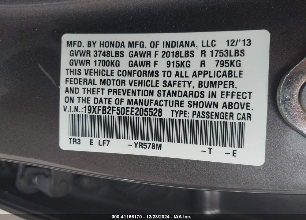 2014 HONDA CIVIC LX VIN: 19XFB2F50EE205528