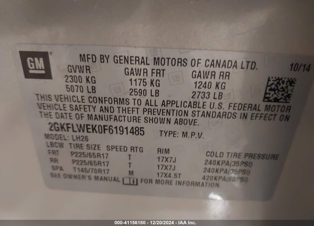 2015 GMC TERRAIN SLE-2 VIN: 2GKFLWEK0F6191485