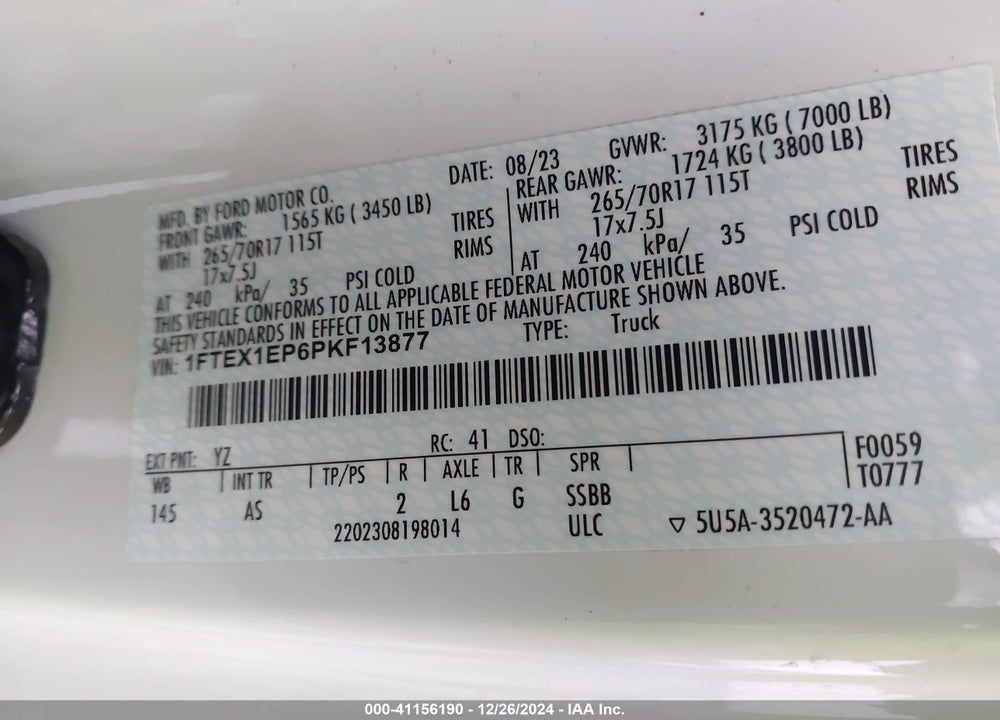 2023 FORD F-150 VIN: 1FTEX1EP6PKF13877