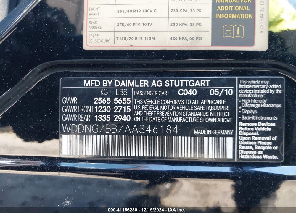 2010 MERCEDES-BENZ S 550 VIN: WDDNG7BB7AA346184